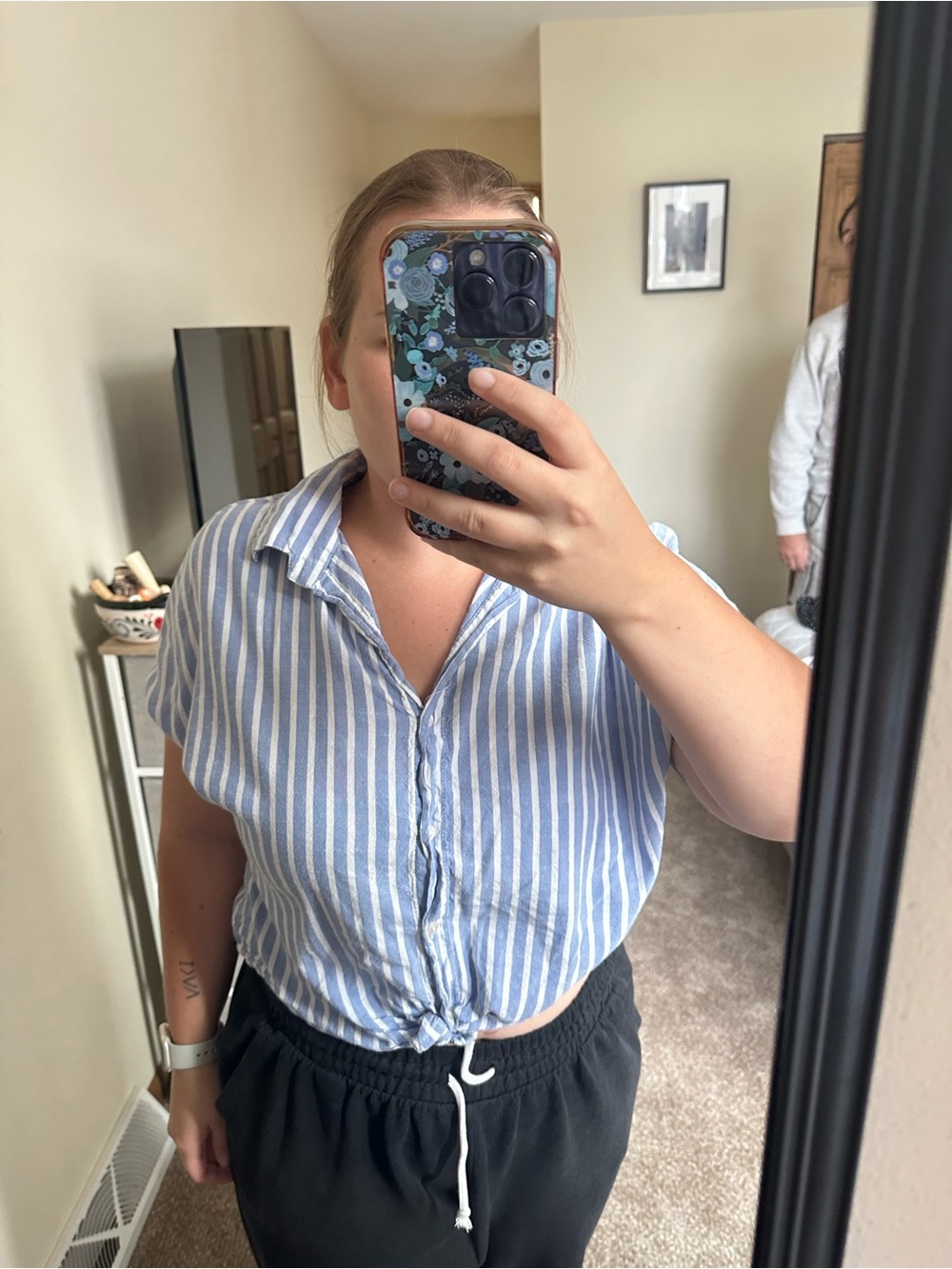 Striped Tie-Front Short Sleeve Button Shirt - Blue/White